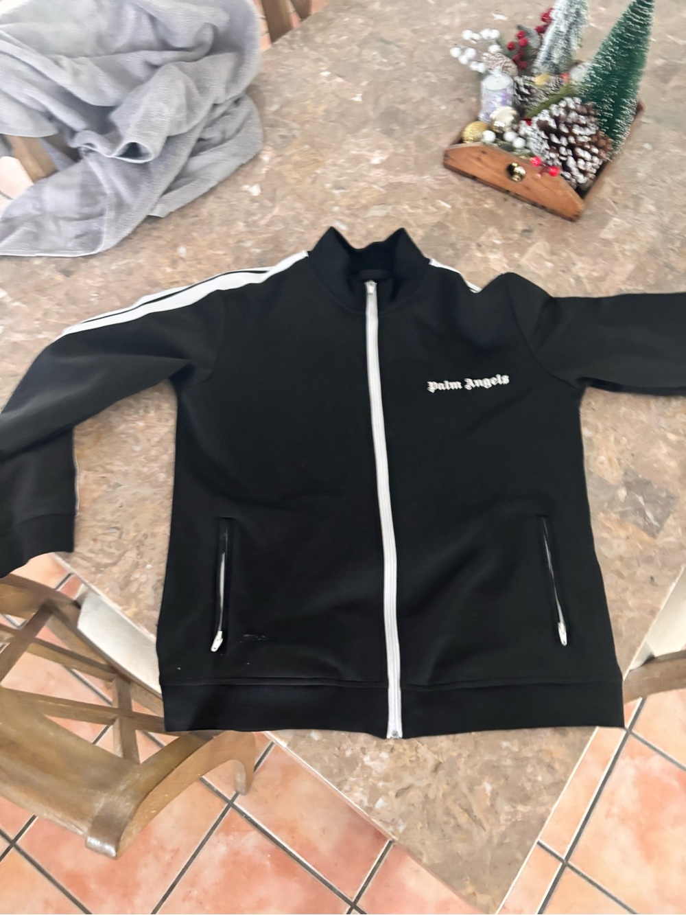 Palm Angels Black Jacket with White Zip and Stripe